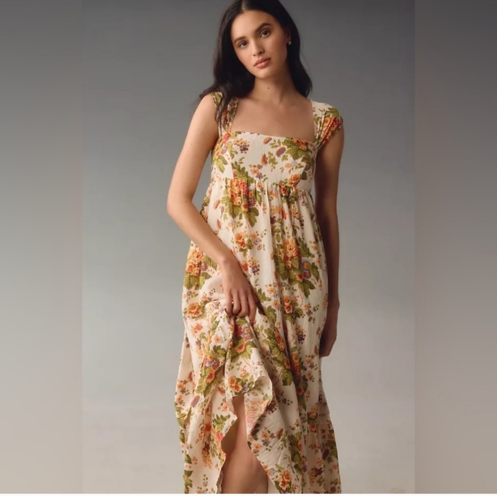 NEW By Anthropologie Sleeveless Square-Neck Maxi Dress Orange Motif XS